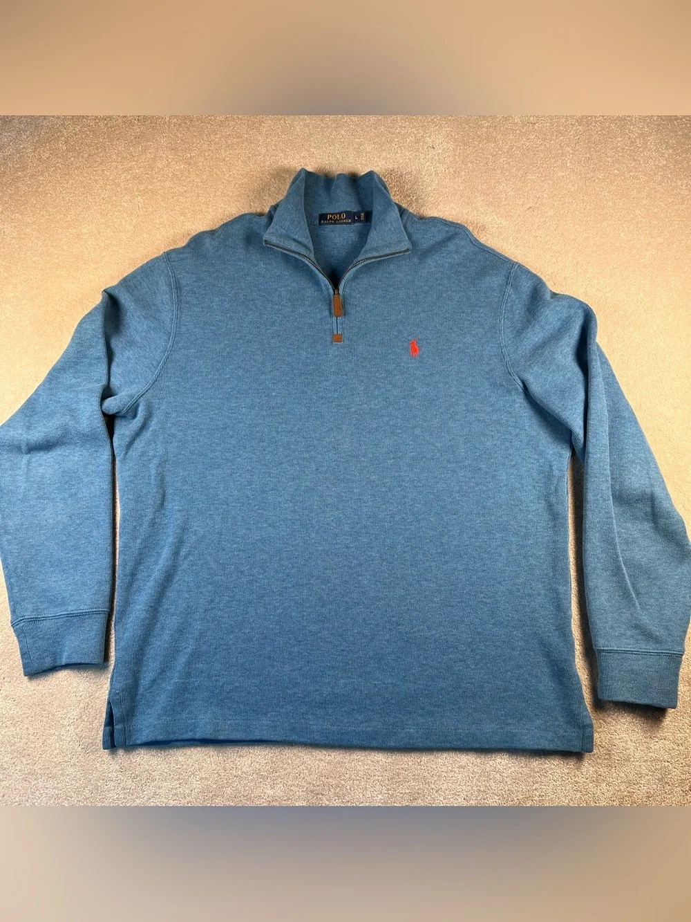 Polo Ralph Lauren Sweater Quarter Zip Blue Orange Pony Pullover Cotton Men's Lg